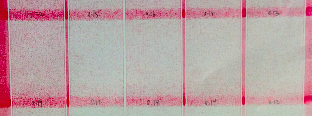 Prüfmuster eines Drucktestes mit Wegschlagverhalten der Druckfarbe bei unterschiedlichen Strichen